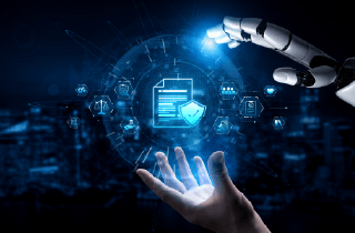 Human hand and robot hand around blue sphere of AI icons