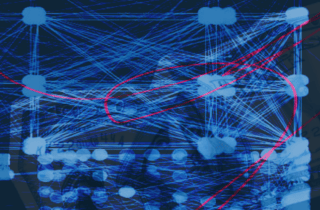 Blue network lines with pink scribbles overlaid with money behind