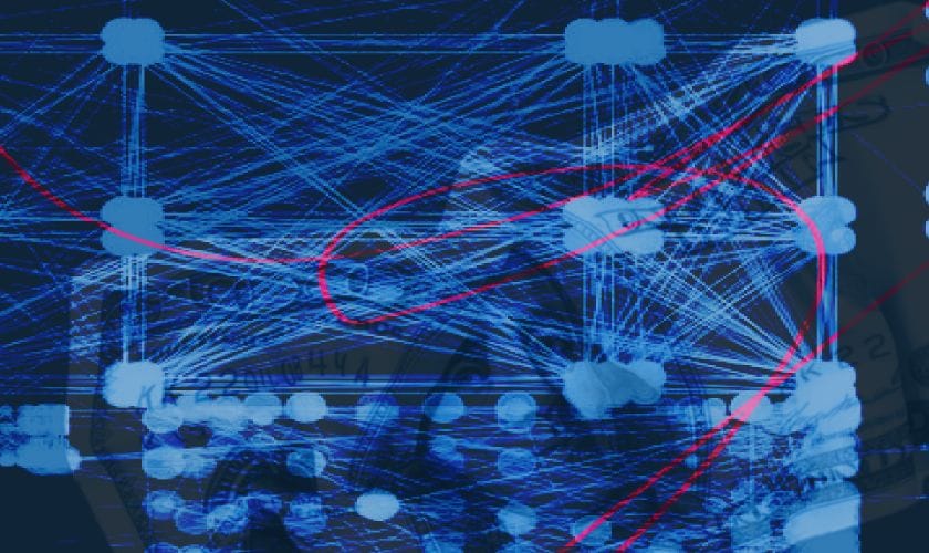 Blue network lines with pink scribbles overlaid with money behind