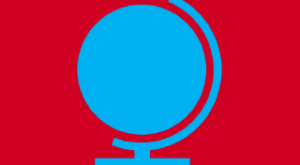 Blue globe icon on a red background