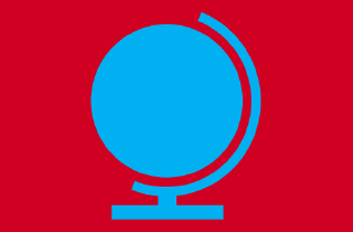 Blue globe icon on a red background