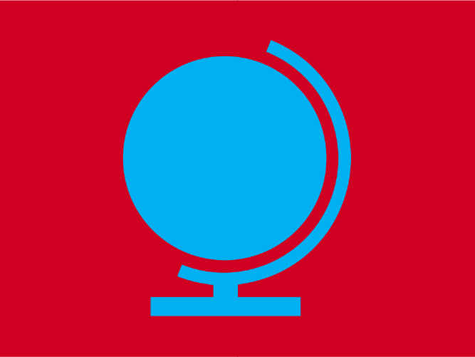 Blue globe icon on a red background