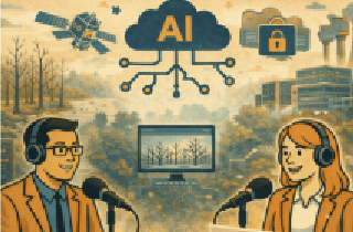 Illustration of two podcasters discussing topics related to AI