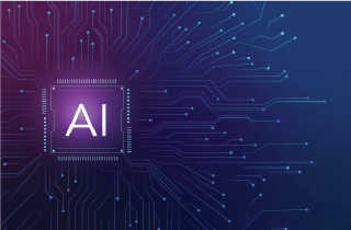 AI icon on purple computer chip against blue and purple digital background pattern