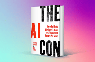 The AI Con book against blue pink purple gradient background