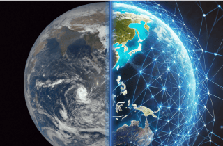 Left hemisphere of earth, right hemisphere of earth with electronic grid overlay pattern